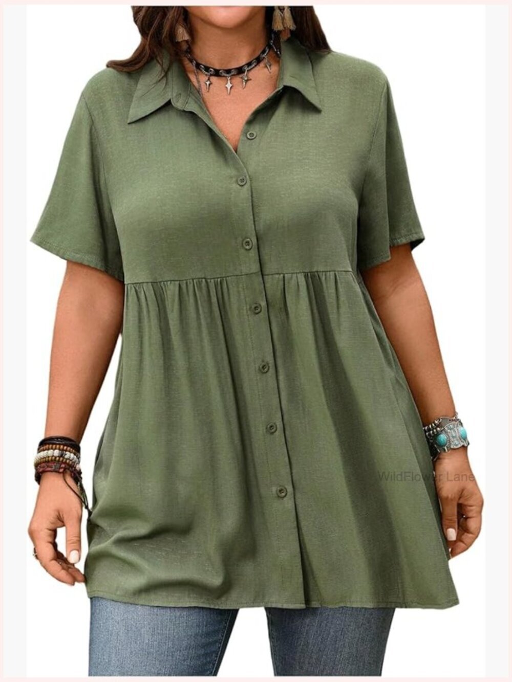 Plus Size Button Up Short Sleeve Blouse Ruffled Hem Top